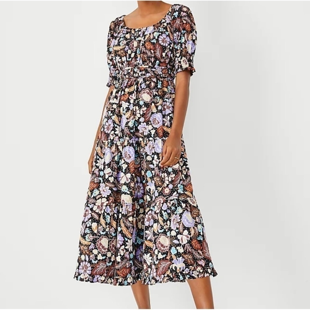 Ann Taylor Batik Autumn Leaves Print Midi Flare Dress